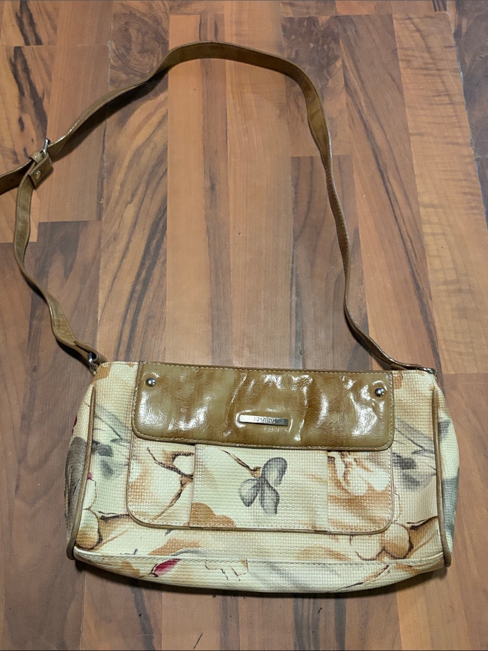 Floral Canvas Shoulder Bag with Glossy Tan Flap